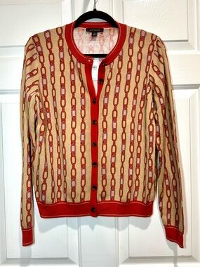 Ann Taylor Beige Cardigan with Red and Pink Chain Print